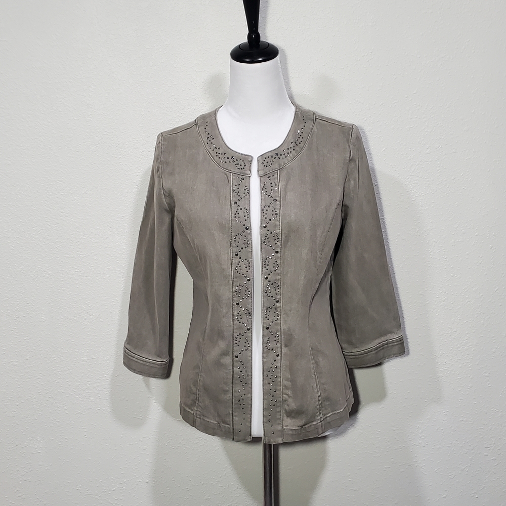 Chico's Moss Green Denim Jacket Rhinestones On Front & Collar Size 0